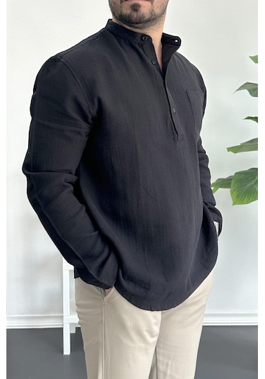 Erkek Hakim Yaka Yarım Patlı Cepli Gömlek Siyah Edw361 Siyah