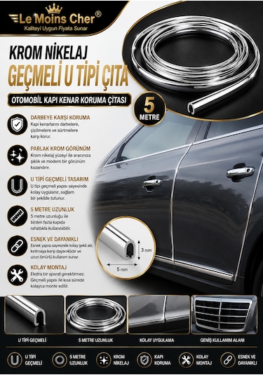 Volkswagen Passat B6 Highline Geçmeli U Tipi Çıta 5 Metre Krom Nikelaj Oto Kapı Koruma