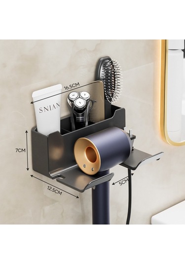 Lichen Saç Kurutma Makinesi Rafı, Punch Yok, Banyo Duvara Montaj Gri