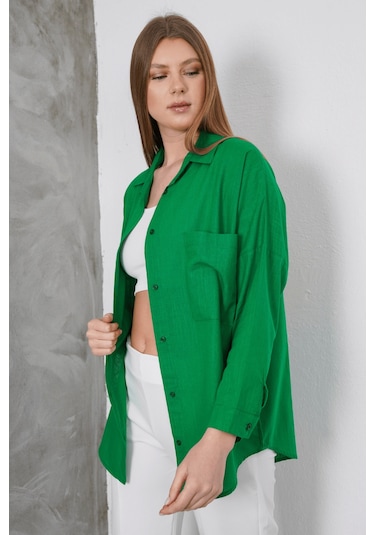 Paw Garage Kadın London Keten Tek Cepli Oversize Gömlek, Premium Kalite Keten Gömlek Yeşil