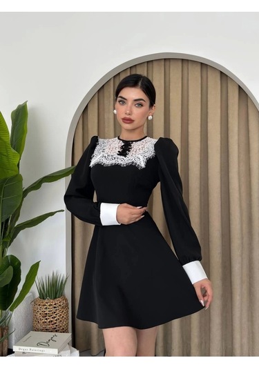 Parma Uzun Kollu Mini Boy Elbise Siyah