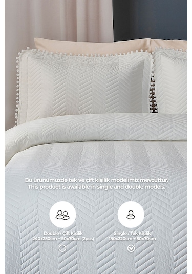 Evlen Home Ponponlu %100 Pamuk Tek Kişilik Günlük Yatak Örtüsü Pike Takımı Seti Krem / Kırık Beyaz