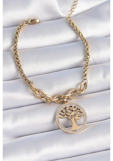 Gold Renk Zirkon Taşlı Yaşam Ağacı Figür Kadın Bileklik - Ebj241026w28806 Renkli