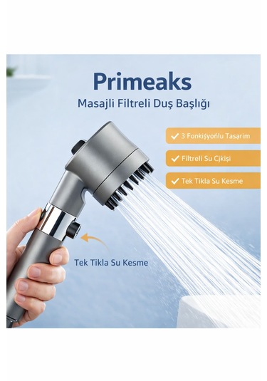 Masajlı Filtreli Duş Başlığı 3 Fonksiyonlu Arıtmalı Su Kesme Düğmeli Antrasit