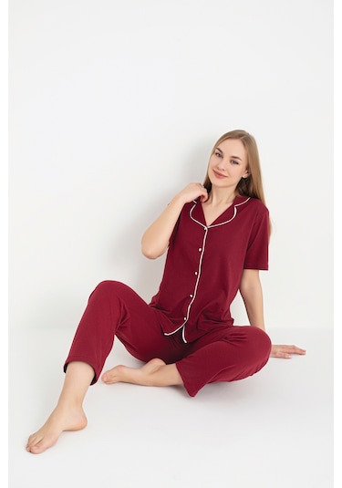 Bordo Renk Biyeli Pamuklu Kısa Kol Pijama Takımı Bordo