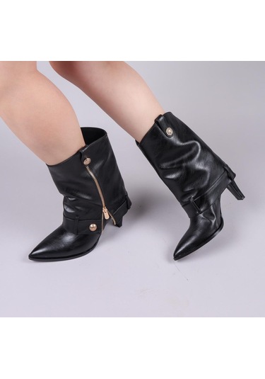 Kindep Fermuar Detaylı Günlük Kısa Topuklu Kadın Çizme Siyah Siyah