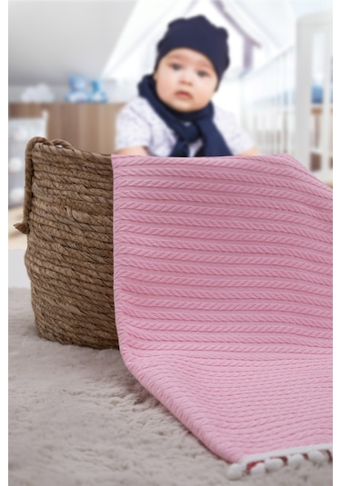 %100 Pamuk Cherry Bebek Battaniyesi Pamuklu Pike 100x120 - Pembe