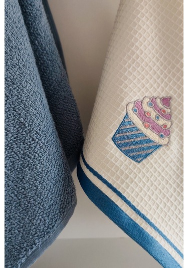 2 Li Mutfak Havlusu %100 Pamuk - Cupcake Nakışlı - 40x60 Cm Indıgo Indigo