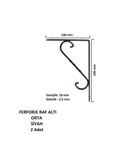 Ferforje Raf Altı, Orta, Siyah, Vidalar Dahil, 2 Adet Siyah