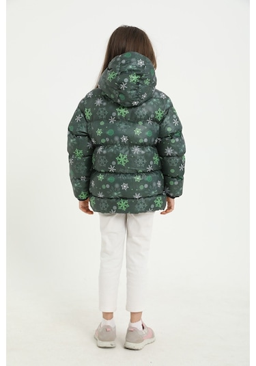 Freemen Kız Çocuk Yeşil Kar Tanesi Desen Polar Su Ve Rüzgar Geçirmez Kapüşonlu Şişme Kışlık Mont Yeşil