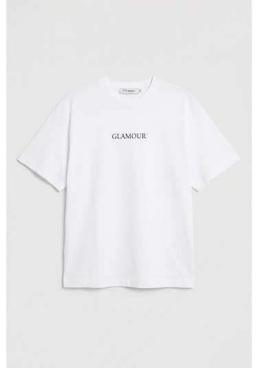 Itsbasic Kadın Beyaz S6-127 Oversize Glamour Baskılı %100 Koton T-shirt