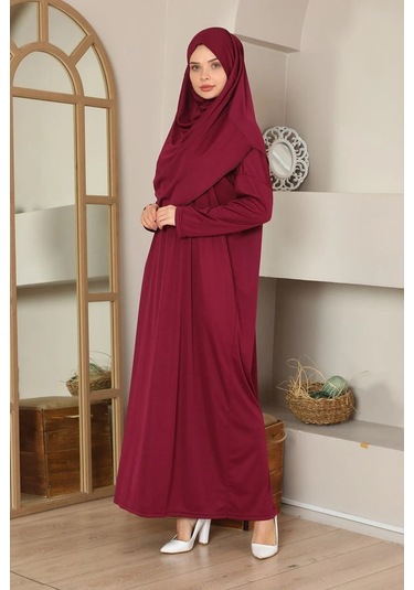 Tek Parça Namaz Elbisesi Bordo-20998 Gül Kurusu