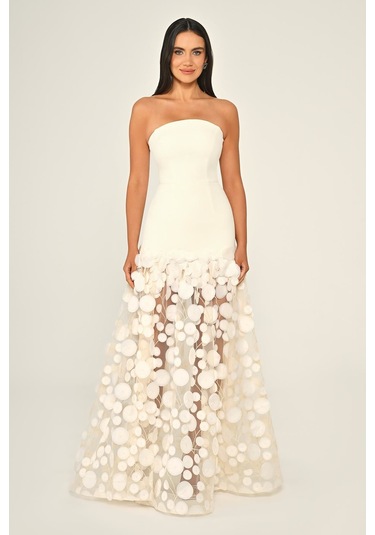 Krep Eteği 3 Boyutlu Tül Uzun Abiye Elbise Alfa Beta B7067 Ekru