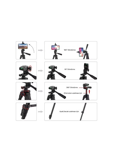 Shopytech 102 Cm Hafif Tripod Telefon/kamera Uyumlu Bluetooth Uzaktan Deklanşörlü 360 3-yönlü Kaf 1 Adet
