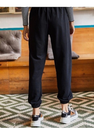 Unisex Siyah Cepli Beli Bağcıklı Basic Eşofman Altı Jogger Siyah