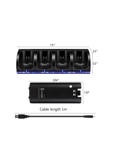 Yuntech01 Wii Kumanda Şarj Aleti 4'lü 2800mah Pil Seti Beyaz Mavi Işıklı Siyah G468/w Siyah