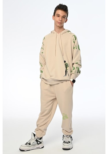 Erkek Çocuk Kamuflaj Baskılı Kapüşonlu Sweatshirt-13409-bej