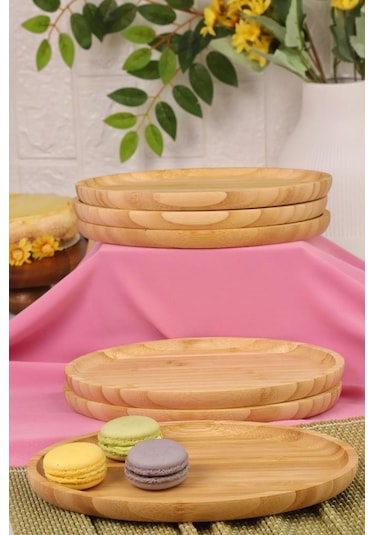 Bambum 6'lı Yuvarlak Servis Tabağı Seti Kahvaltı, Pasta Ve Sunum Tabakları Büyük Bambu