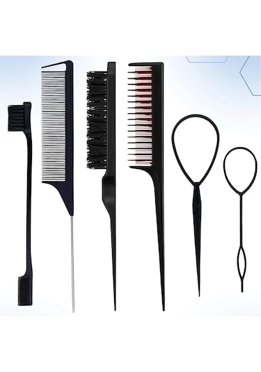 6 Parça Saç Şekillendirici Tarak Seti, Saç Fırçası, Sıçan Kuyruğu Kenar Fırçası, Çift Başlı Tarak, Üçlü Saç Fırçası, Kadınlar Ve Kızlar İçin Saç Çekme İğnesi Siyah