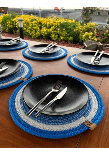 6 Lı Yuvarlak Supla Takımı Kolay Temizlenebilir, Modern Sofralar İçin Beyaz - Mavi