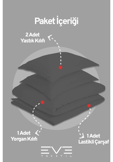 Eve Tekstil %100 Pamuk Ranforce Çarşaflı Yastık Ve Yorgan Kılıflı Çift Kişilik Nevresim Takımı 200x220 Cm Koyu Gri