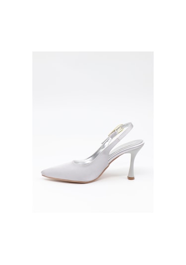 Nesilshoes Nesil Shoes Uraz 800 Gümüş Saten Arkası Açık Topuklu Kadın Ayakkabı