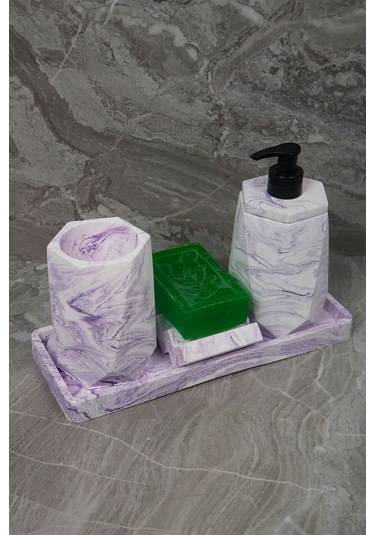 4 Parça Mor Mermer Desenli Beton Banyo Seti Diş Fırçalığı Sıvı Katı Sabunluk Tepsi Lila