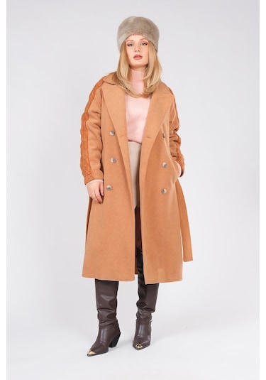 Giyim Dünyası Kadın Kolları Triko Örgü Detaylı Bel Kuşaklı Kaşe Kaban Camel 001