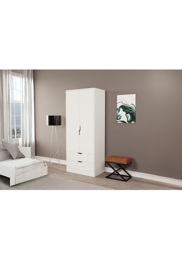 Moderno Mini 2 Kapaklı 2 Çekmeceli Gardırop Kompakt Tasarım, Modern Görünüm Beyaz