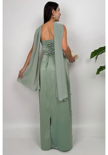 Lilina Straplez Fiyonk Detaylı Şal Aksesuarlı Uzun Mint Yeşil Abiye Elbise Mint Yeşil