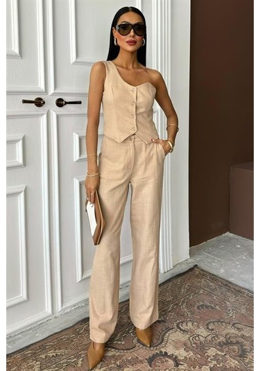 Tek Omuz Büstiyer Plazzo Pantolon Viscon Takım 10159 Bej