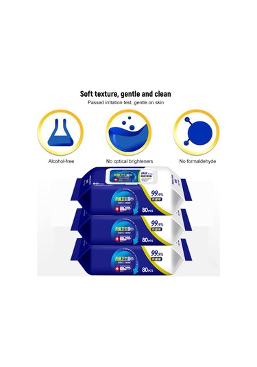 Moveevo Benzalkonyum Klorür Bazlı Hijyen Mendilleri - Önceden Islatılmış Alkolsüz, Dokumasız Havlu, 80'li Paket