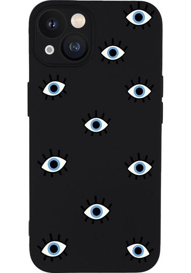 Iphone 13 Uyumlu Nazar Gözler Desenli Kamera Lens Korumalı Darbe Emici Silikonlu Lansman Kılıf Siyah