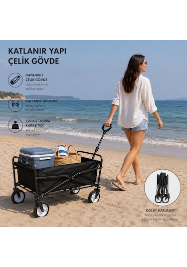 Katlanır Çelik Plaj Arabası Kamp Piknik Taşıma Vagonu Büyük Boy