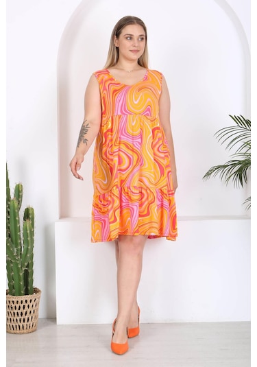 Kadın Turuncu Pembe Ebru Desen Büyük Beden Katlı Elbise Turuncu