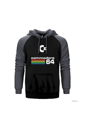 Commodore 64 Vintage Logo Gri Reglan Kol Kapşonlu Sweatshirt Gri