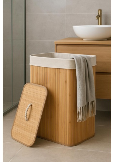 Dekorasyaa Bambu Katlanabilir Kirli Çamaşır Sepeti Dikdörtgen - 40x30x60cm Bambu