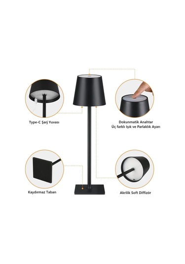 Şarjlı Masa Lambası Dimmerli Dekoratif Abajur Cata İstanbul Siyah Dokunmatik Yemek Masası Lambası