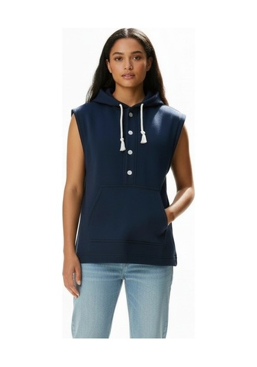 Lyvean Kapşonlu Kolsuz Düğmeli Üç İplik Penye Sweatshirt Lacivert