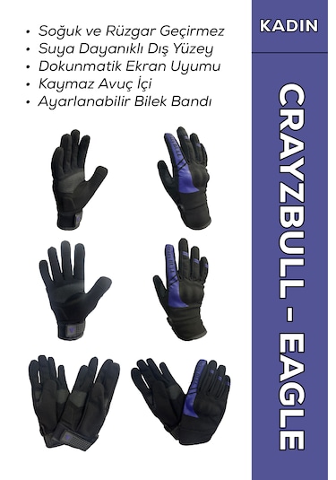 Crayzbull Eagle Mor Su Ve Rüzgar Geçirmez Kışlık Kadın Motosiklet Eldiveni + Buff li