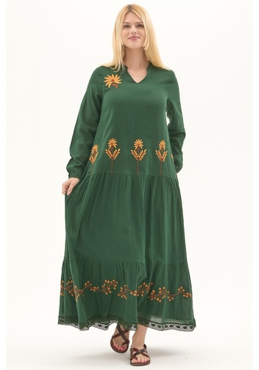 Şile Bezi Yeşil Uzun Kol Nakışlı Uzun Yazlık Elbise