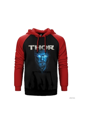 Thor Blue And Gray Kırmızı Reglan Kol Kapşonlu Sweatshirt Kırmızı