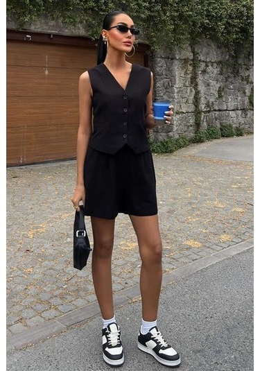 Yelek Şort Flamlı Keten Takım 10133-17 Si Yah