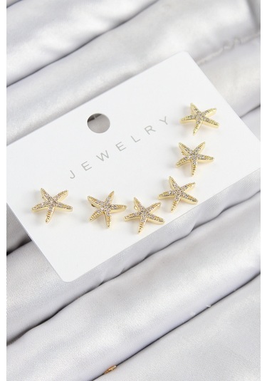 Pirinç Zirkon Taşlı Deniz Yıldızı Model Gold Renk 925 Ayar Gümüş Çivi Kadın Küpe Set Çok Renkli