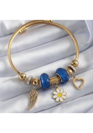 Çelik Gold Renk Mavi Kristal Taşlı Papatya Figür Zirkon Taş Detay Charm Model Kadın Bileklik 2793-2 Gold