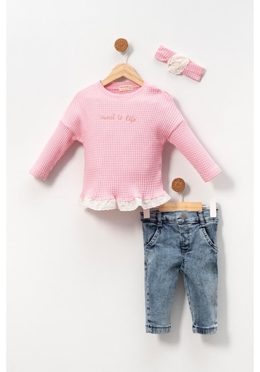 Dantel Detaylı Bandanalı Fırfırlı Yumuşak Doku Prenses 2'li Takım Pembe