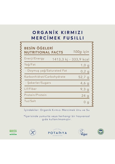 Potamya Organik Kırmızı Mercimek Fusilli Makarna 240 Gr