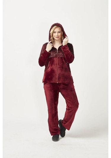 3239 Tam Kalıp Pullu Saçaklı Tarz Kapşonlu Kadife Eşofman Takımı Bordo