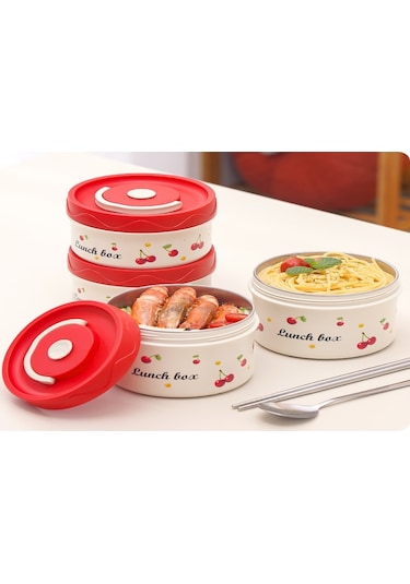 Skycity 1050ml Çelik Isı Saklama Yemek Kutusu, Çift Katlı Öğrenci Bento, Kiraz Desenli, Isı Saklama Çantası Ve Besteği İle Beyaz - Kırmızı