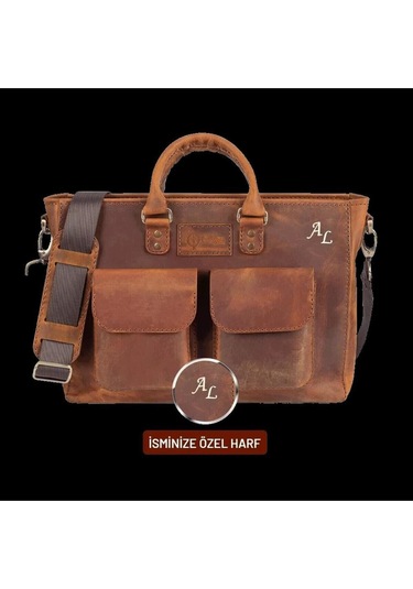 İsme Özel Askılı Cepli Evrak - Laptop Çantası - %100 Crazy Deri - Ac09003 - Taba-134860 Siyah
